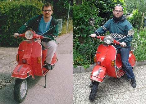 Rote Vespa mit Fahrer - 2004 und 2014